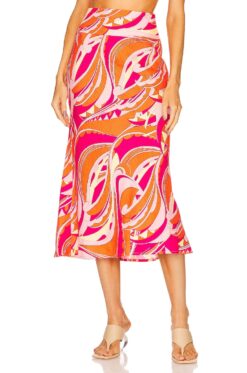 Cult Gaia Laith Persian Paisley Rose Linen Midi Skirt Pink Orange XS $398