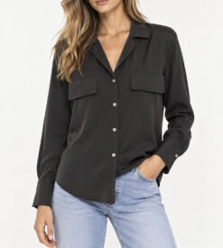 FRAME Black 100% Silk Blouse XS Long Sleeve Button Down Flap Pocket Shirt