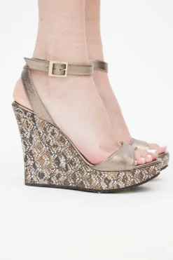 Alternative view of Jimmy Choo Pablo Bronze Metallic Leather Glitter Platform Wedge Sandals 35