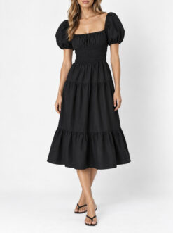 Aritzia Wilfred Allegoria Poplin Dress Black Smocked Puff Sleeve Midi XS