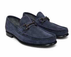 Salvatore Ferragamo Grandioso Blue Suede Gancini Bit Loafers Shoes Men’s 9