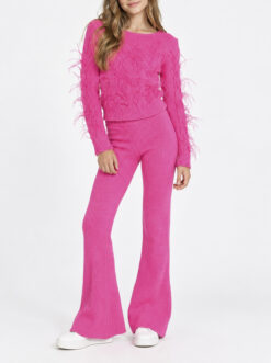Cult Gaia Girls Pink Ostrich Feather Knit Sweater Flare Pants Outfit Set Size 10