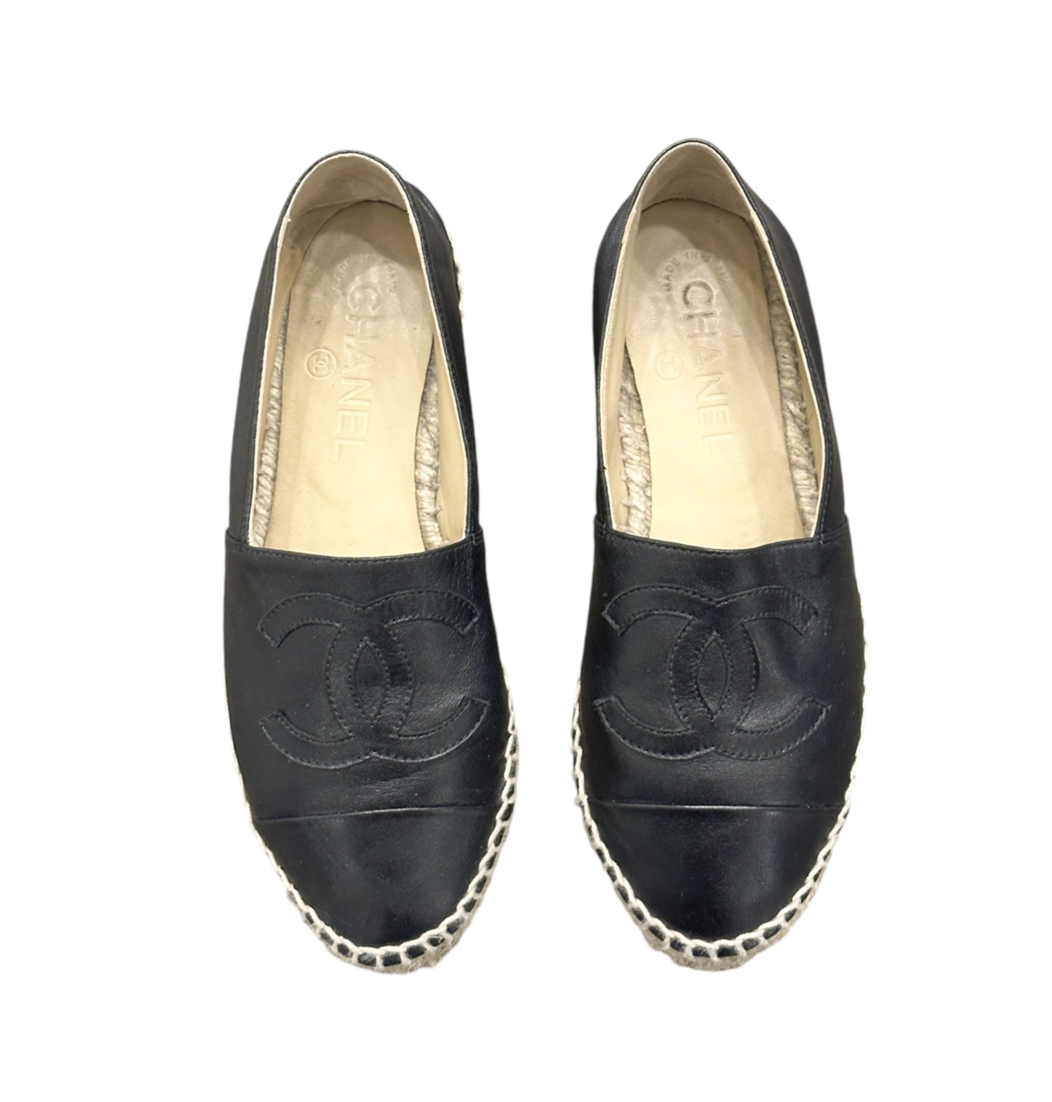 Chanel Black Lambskin Interlocking CC Logo Cap Toe Espadrille Flats Shoes 35/5 - Image 4