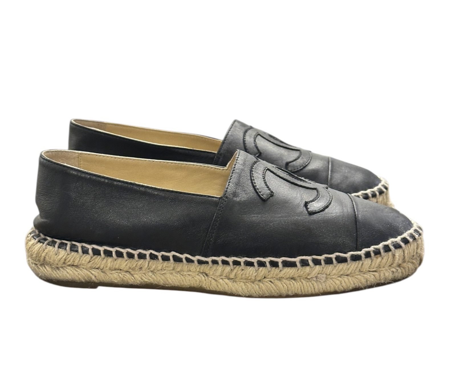 Chanel Black Lambskin Interlocking CC Logo Cap Toe Espadrille Flats Shoes 35/5 - Image 2