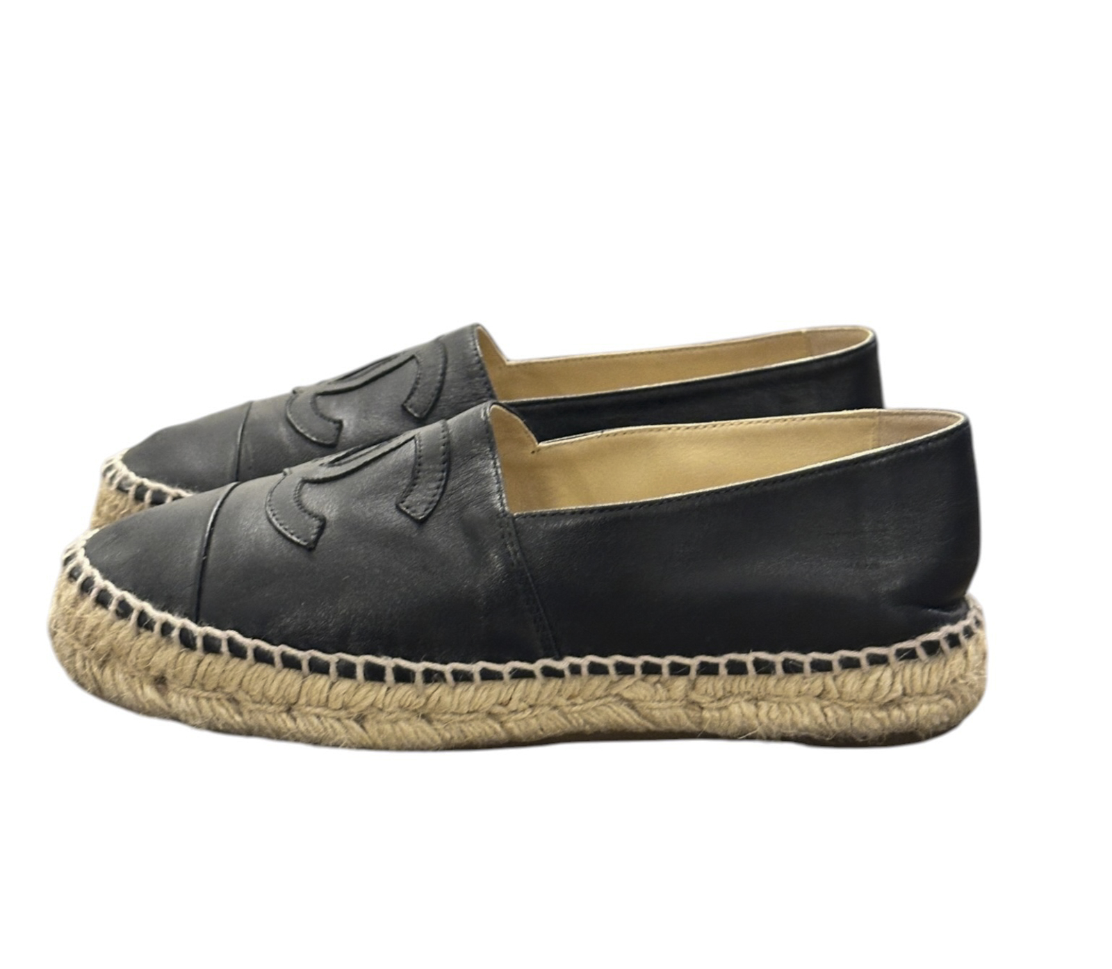 Chanel Black Lambskin Interlocking CC Logo Cap Toe Espadrille Flats Shoes 35/5 - Image 5