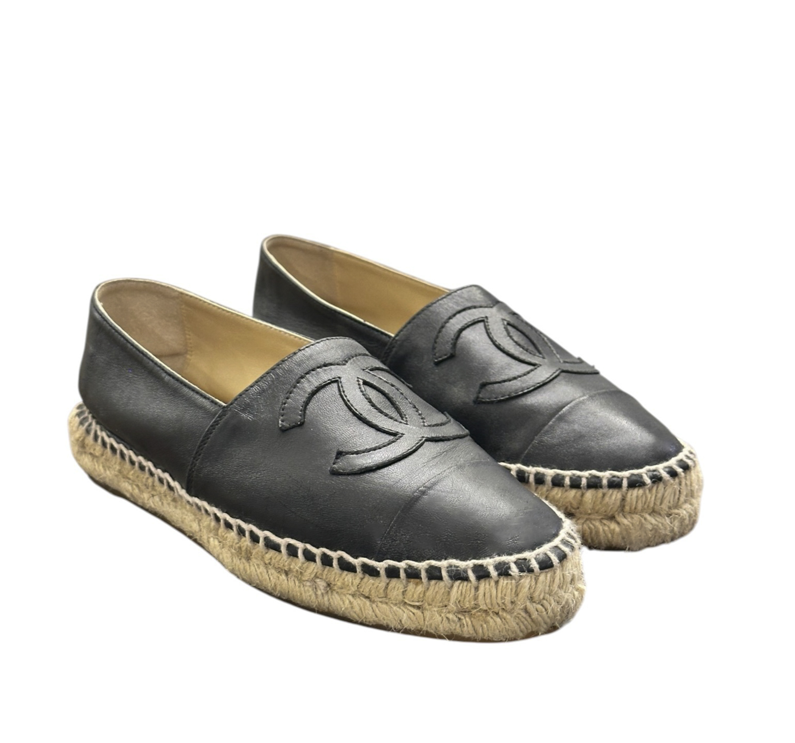 Chanel Black Lambskin Interlocking CC Logo Cap Toe Espadrille Flats Shoes 35/5 - Image 6
