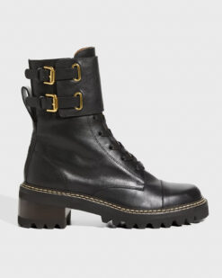 See by Chloe Mallory Black Leather Buckle Cuff Combat Moto Boots 35 US 5