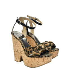 Jimmy Choo Leopard Print Suede Cork Platform Wedge Sandals 35 Ankle Strap
