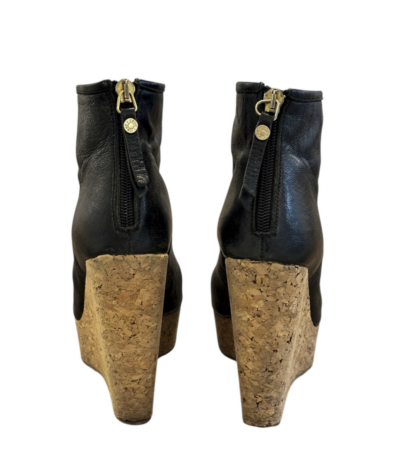 Jimmy Choo Black Leather Peep Toe Cork Wedge Platform Ankle Booties 35 - Image 6