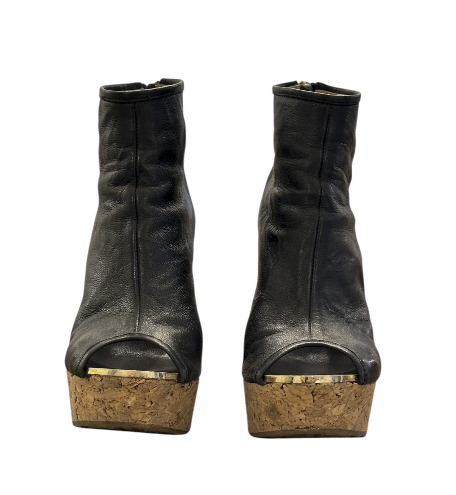 Jimmy Choo Black Leather Peep Toe Cork Wedge Platform Ankle Booties 35 - Image 3