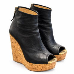 Jimmy Choo Black Leather Peep Toe Cork Wedge Platform Ankle Booties 35
