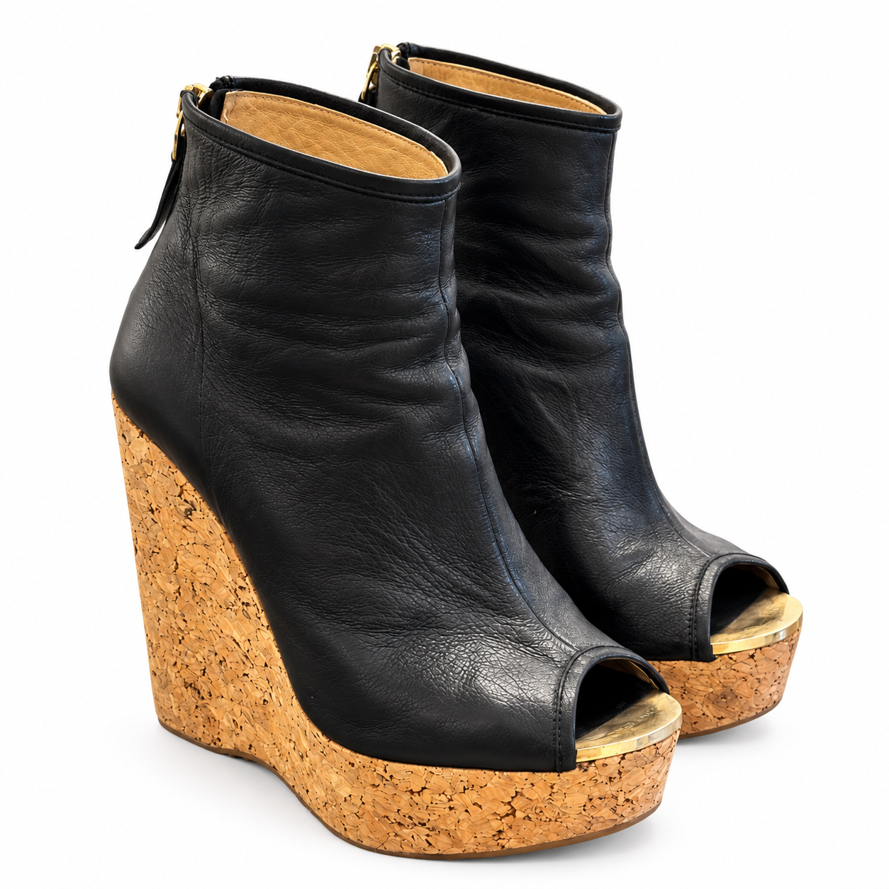 Jimmy Choo Black Leather Peep Toe Cork Wedge Platform Ankle Booties 35