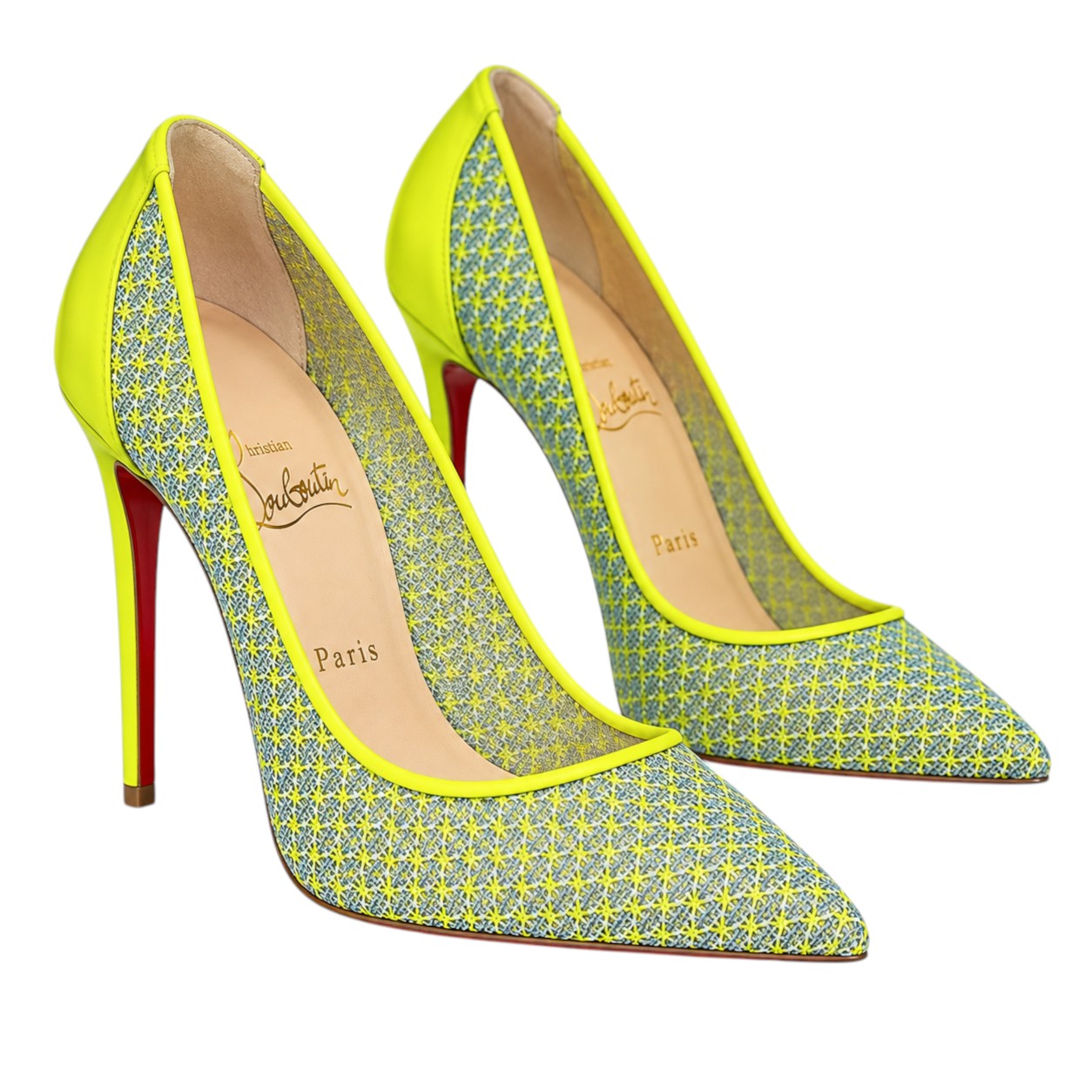 Christian Louboutin Follies Lace Neon Yellow Mesh Pumps Heels 39.5 NIB
