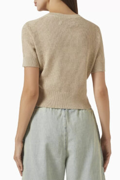 Alternative view of Enza Costa Beige Linen Knit Cropped Short Sleeve Sweater Top Size Small