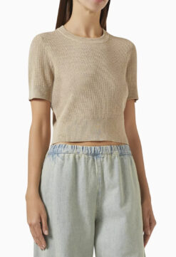 Enza Costa Beige Linen Knit Cropped Short Sleeve Sweater Top Size Small