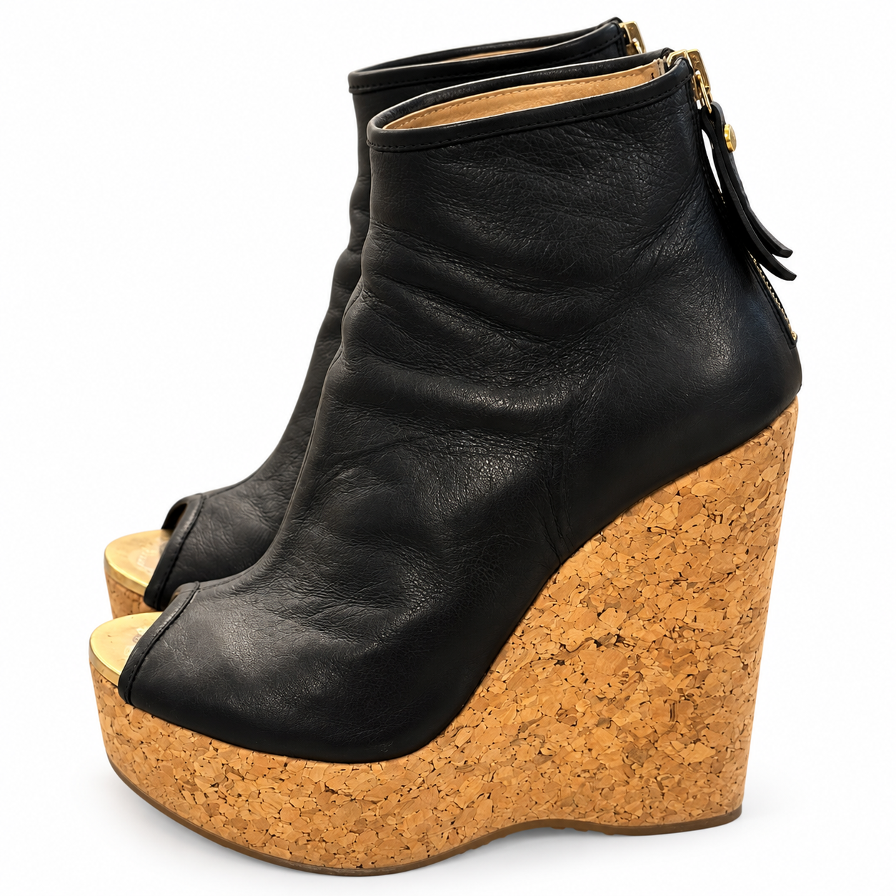 Jimmy Choo Black Leather Peep Toe Cork Wedge Platform Ankle Booties 35 - Image 5