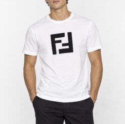 FENDI Mens White Cotton T Shirt Black FF Zucca Logo Crew Neck Size Large