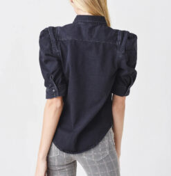 Alternative view of FRAME Rosette Washed Black Denim Puff Sleeve Shirt Top Blouse Size XS