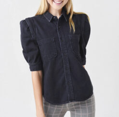 FRAME Rosette Washed Black Denim Puff Sleeve Shirt Top Blouse Size XS