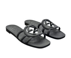 Gucci Palma Black Rubber Interlocking GG Logo Slide Sandals Flats Size 34