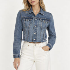GRLFRND Cara Blue Distressed Cropped Denim Jean Jacket Raw Hem Womens XS