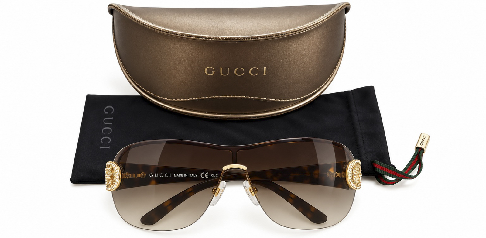 GUCCI Vintage Y2K GG 2875/N/S Shield Sunglasses Crystal Logo Brown w/ Case - Image 5