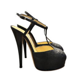 Alternative view of Giuseppe Zanotti Black Genuine Python T Strap Platform Peep Toe Heels Size 35