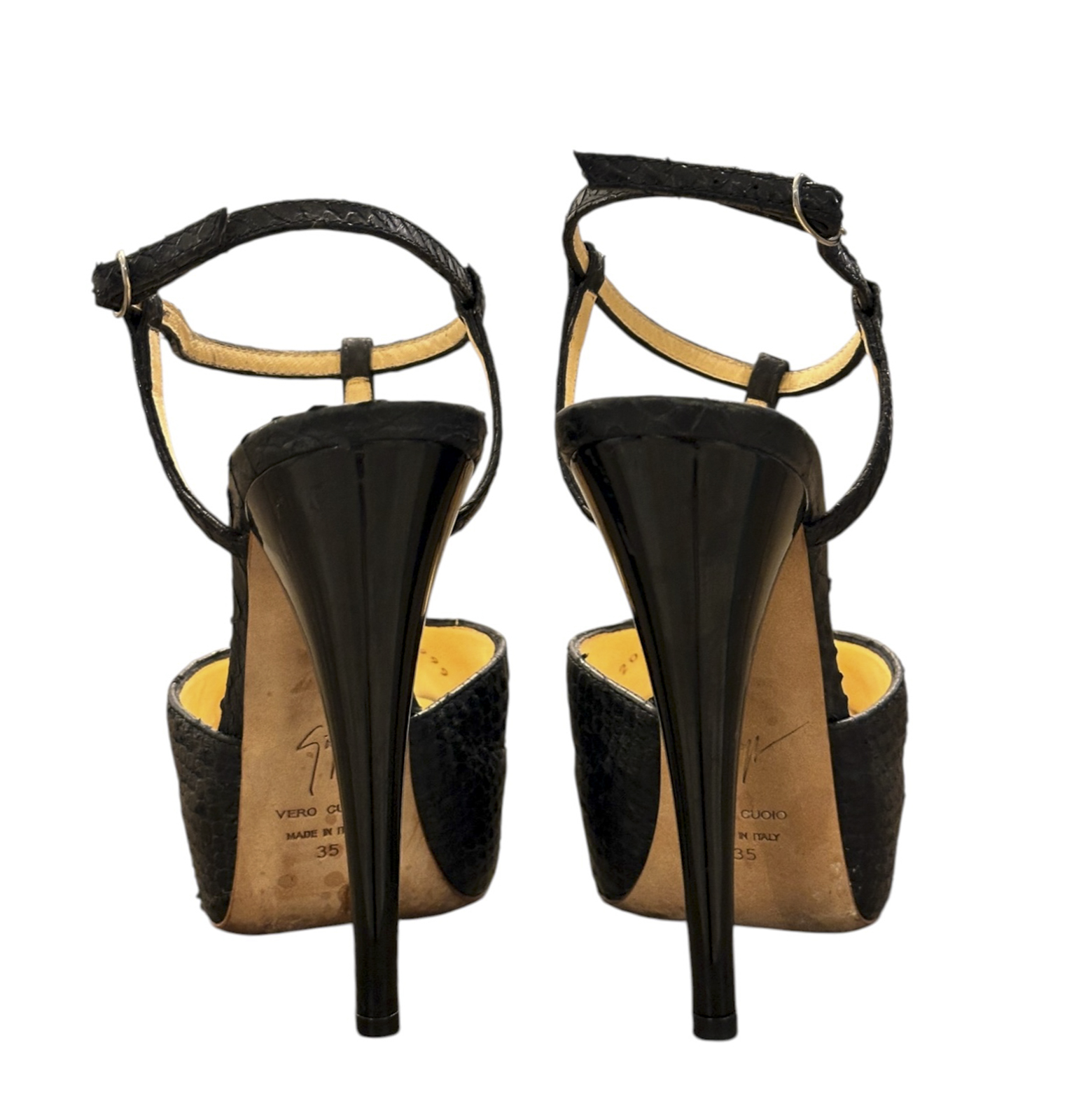 Giuseppe Zanotti Black Genuine Python T Strap Platform Peep Toe Heels Size 35 - Image 5