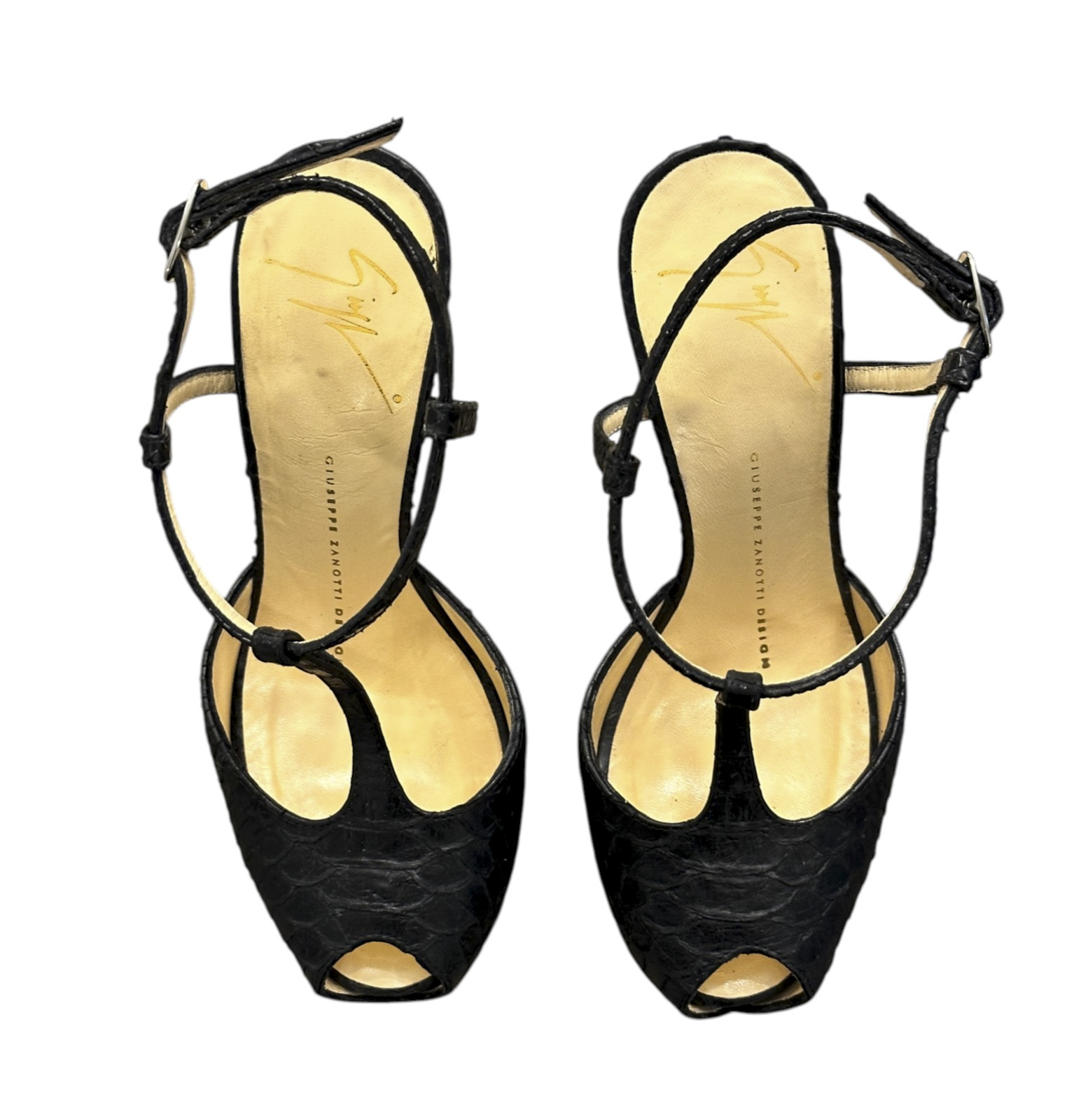 Giuseppe Zanotti Black Genuine Python T Strap Platform Peep Toe Heels Size 35 - Image 4