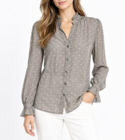 L'AGENCE Gray Polka Dot 100% Silk Ruffle Blouse Button Down Top XS