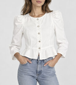 LE JEAN Luella White Denim Puff Sleeve Peplum Jacket Top Size XS