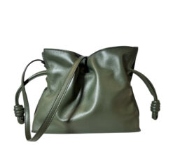 LOEWE Flamenco Knot Khaki Green Leather Drawstring Shoulder Crossbody Bag