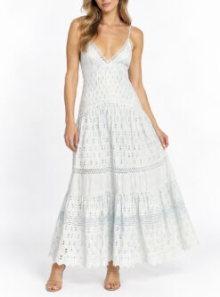 LoveShackFancy Story Blue White Silk Striped Tiered Lace Maxi Dress Size 2