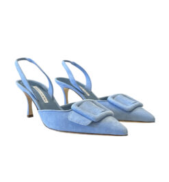 Manolo Blahnik Maysli 70 Blue Suede Buckle Slingback Pumps 37.5 NIB
