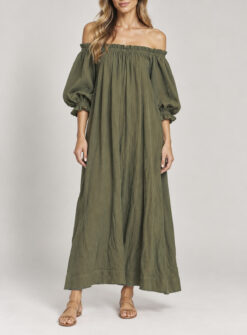 MIKOH Olive Green Off Shoulder Kaftan Maxi Dress Womens Size 1 Boho Resort