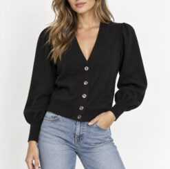 Minnie Rose Black Puff Sleeve Button Front Cardigan Sweater Women XS