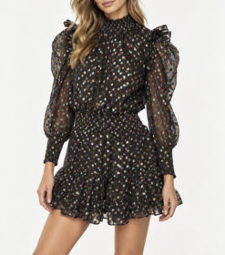 MISA Los Angeles Gianna Dress XS Black Rainbow Clip Dot Ruffle Mini $430
