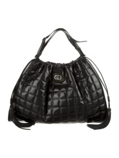 Gucci Deco Large Camelia Black Quilted Calfskin Chain Shoulder Hobo Tote Bag