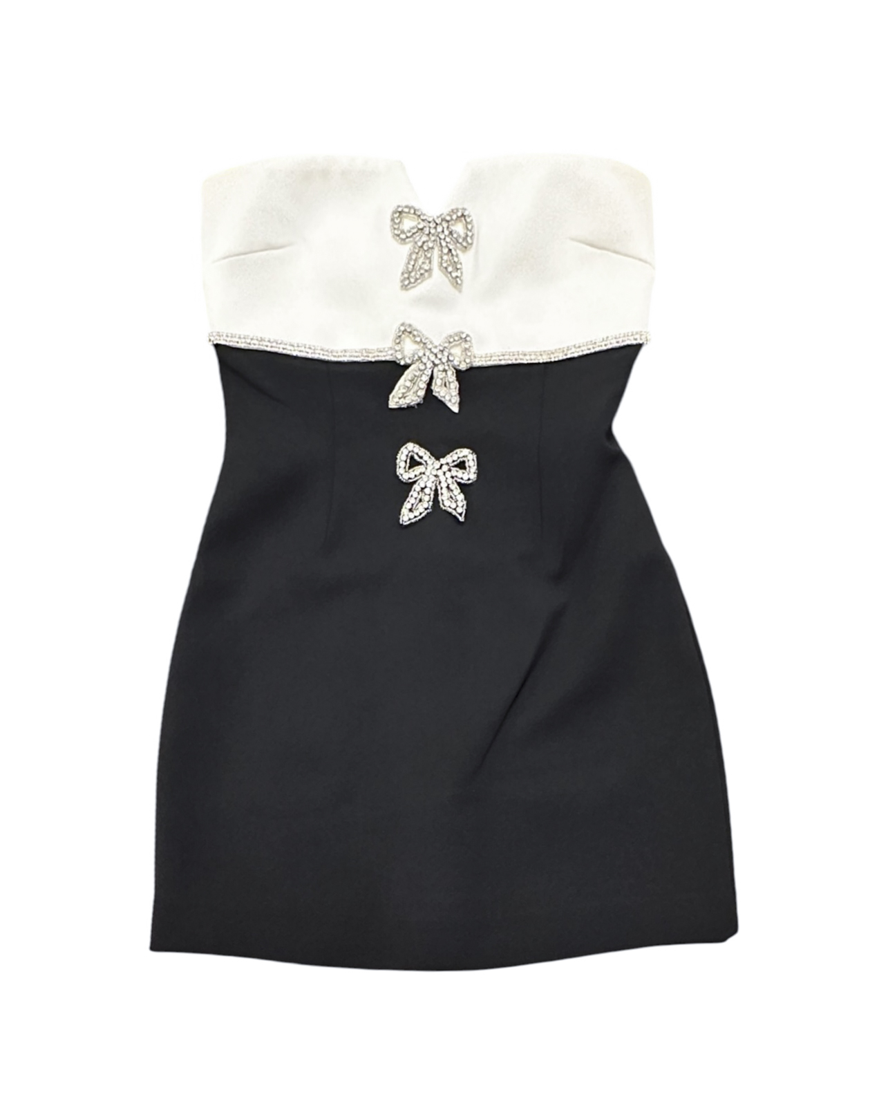 Self Portrait Crepe Bow Mini Dress 2 Black White Strapless Crystal Embellished - Image 3