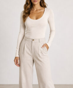 SPRWMN Beige Scoop Neck Long Sleeve Fitted Stretch Top Shirt Size Small