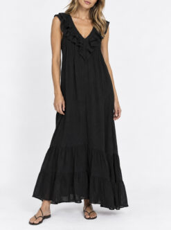 We Are Sundays Black Cotton Gauze Ruffle V Neck Tiered Maxi Dress XS