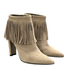 Stuart Weitzman Taupe Suede Fringe Ankle Boots Booties Pointed Toe Size 5.5