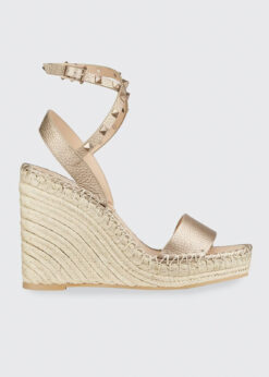 Valentino Garavani Rockstud Gold Leather Espadrille Wedge Sandals Size 35