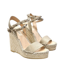 Alternative view of Valentino Garavani Rockstud Gold Leather Espadrille Wedge Sandals Size 35