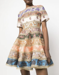Zimmermann Devi Spliced Linen Paisley Print Fit Flare Mini Dress Size 0P