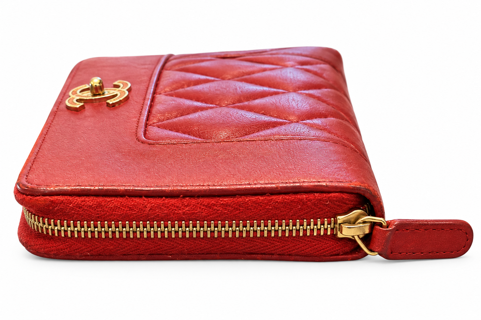 Chanel Women's Wallet Red Lambskin Quilted Mademoiselle Zip Around Gold CC - Image 5