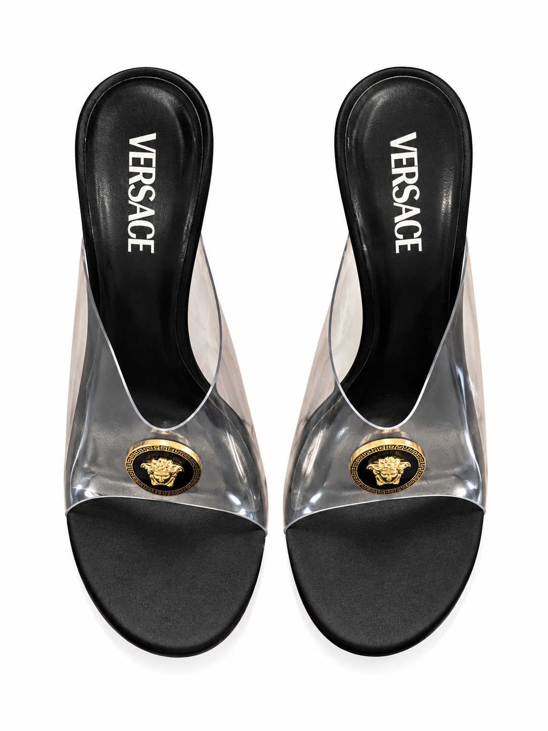 Versace Medusa Clear PVC Black Stiletto Mule Sandals Heels 39.5 Box - Image 3