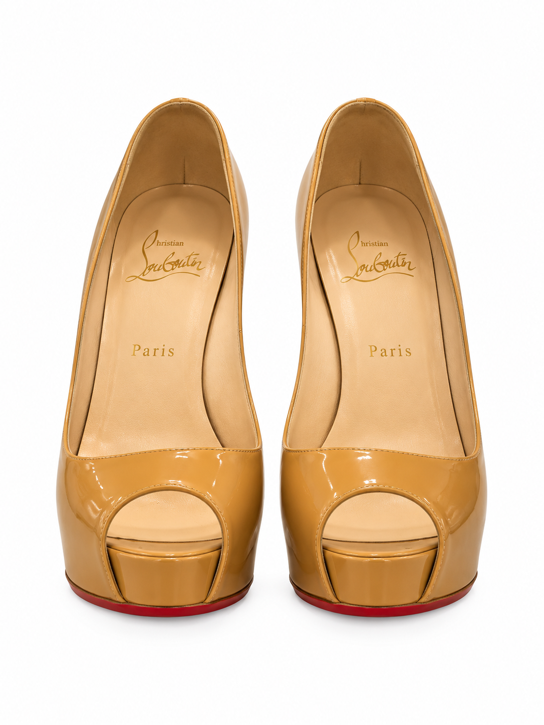 Christian Louboutin Heels 39 Very Prive 120 Tan Patent Peep Toe Pumps - Image 4