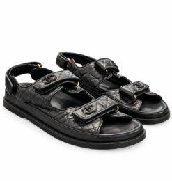Chanel Womens Sandals Size 42 So Black Quilted Lambskin Leather CC Dad Shoes