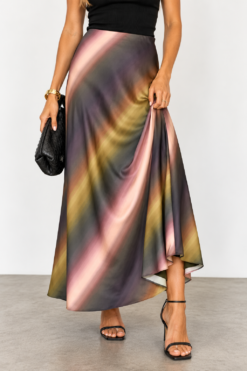 Greylin Marvela Satin Midi Skirt Small S Olive Pink Gradient Ombre Maxi Flowy